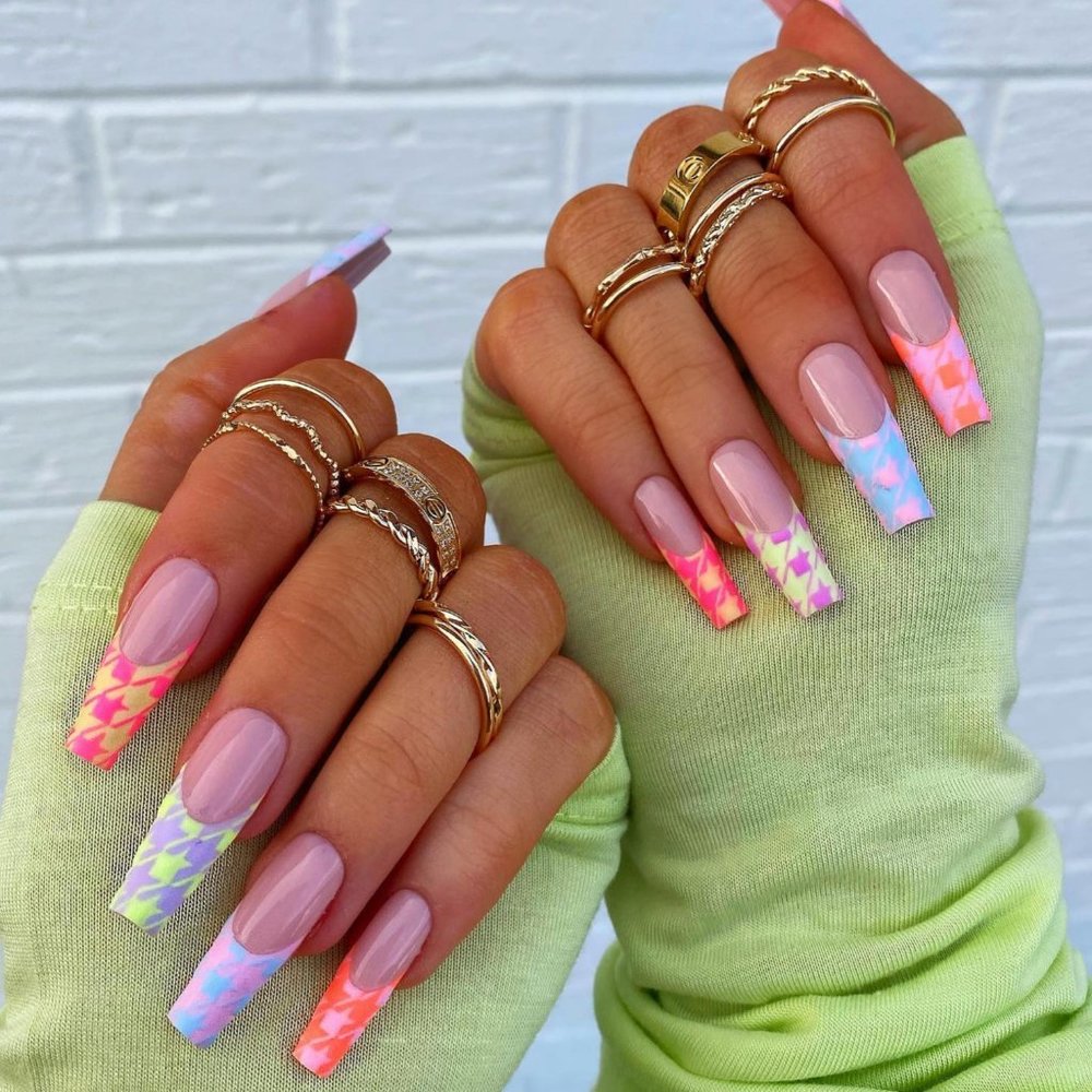 24pcs Rainbow Houndstooth French Tips Coffin Press On Nails | Long Fake Nail Set